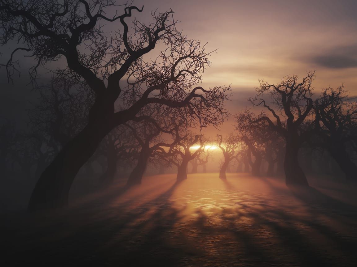 Misty Forest at Dawn: A Dreamlike 3D Render