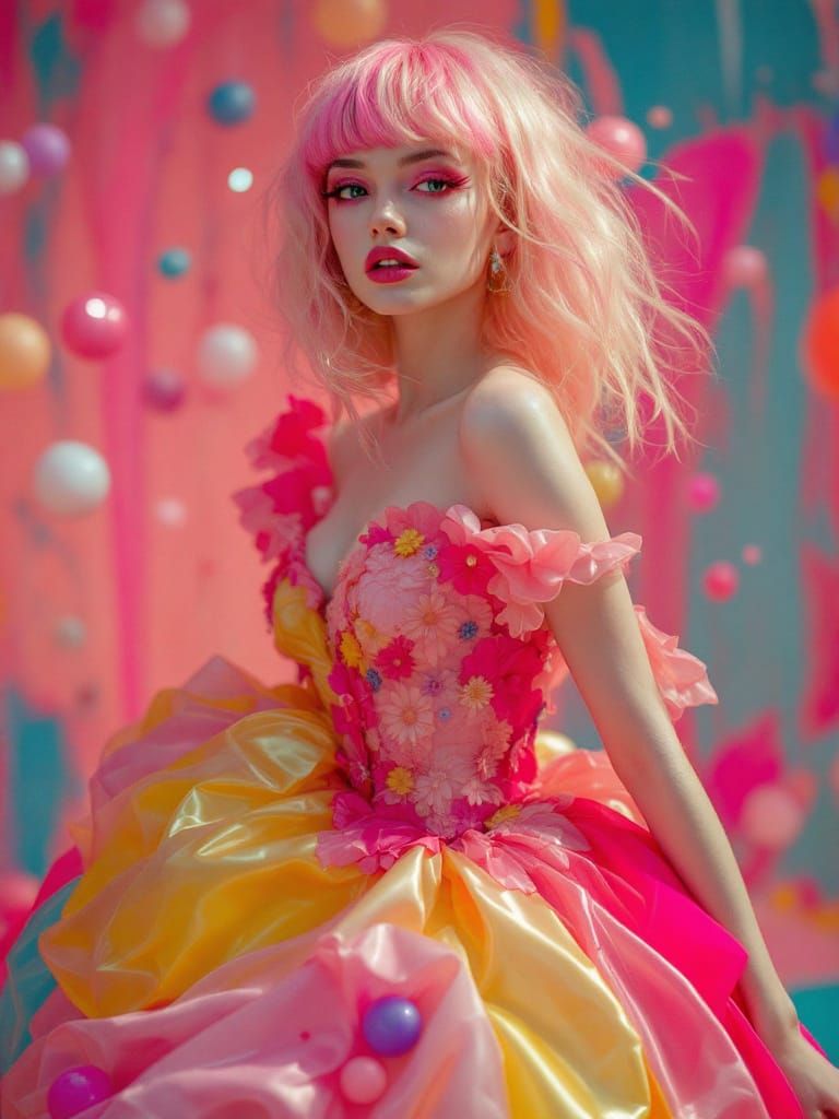Whimsical Pin-Up Woman With Pink Hair in Candy-Colored World