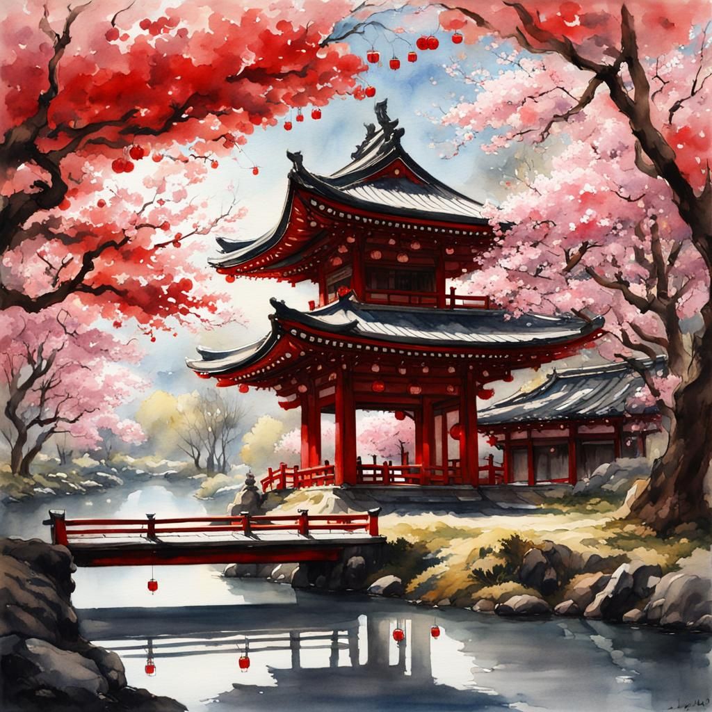 Japanese Shrine with Cherry Blossoms in Watercolor