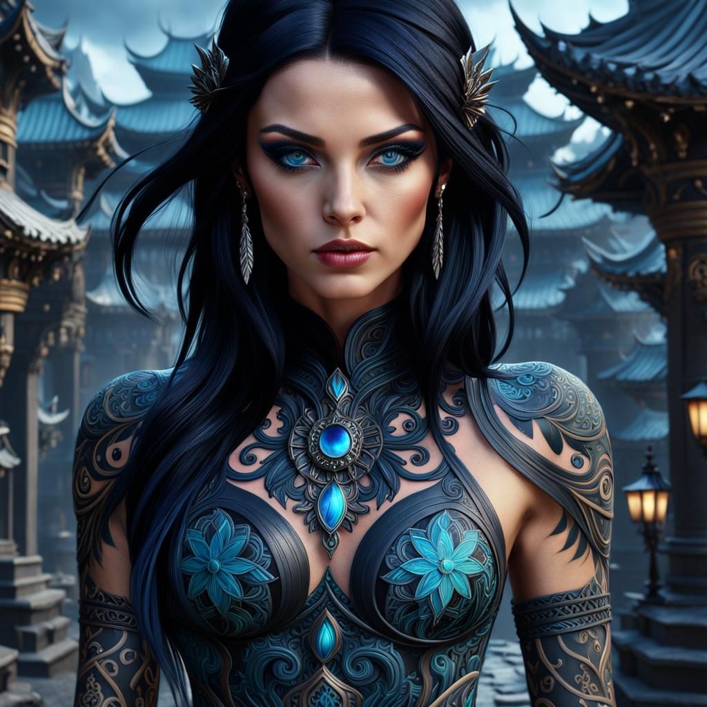 Tattooed Woman with Blue Eyes: Fantasy Concept Art