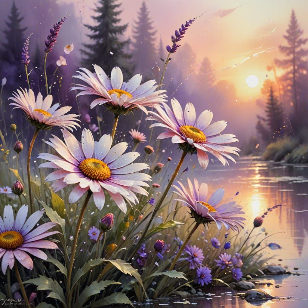 Soft Watercolor Daisies in Warm Golden Light