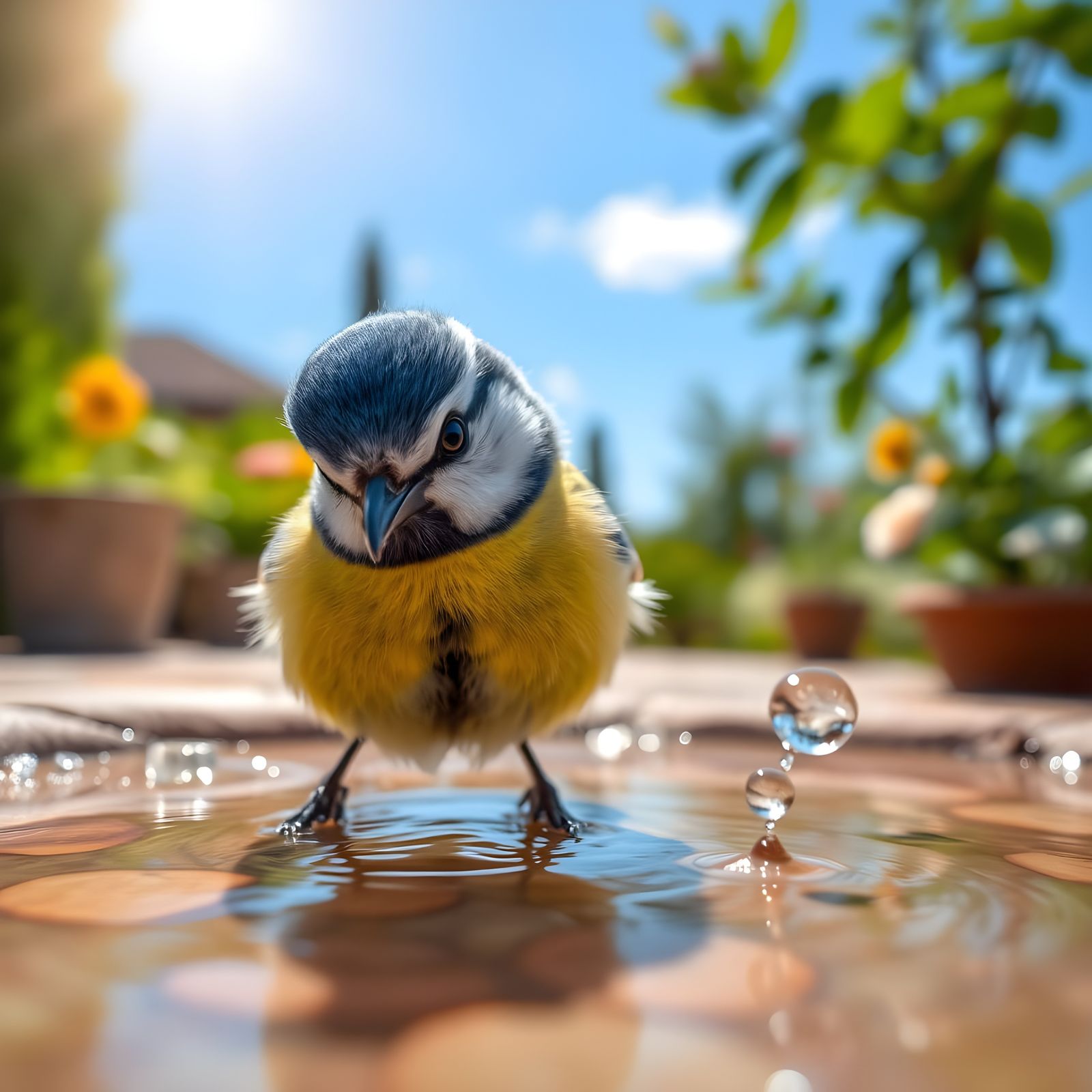 Fluffy Blue Tit Plays in Sunny Garden