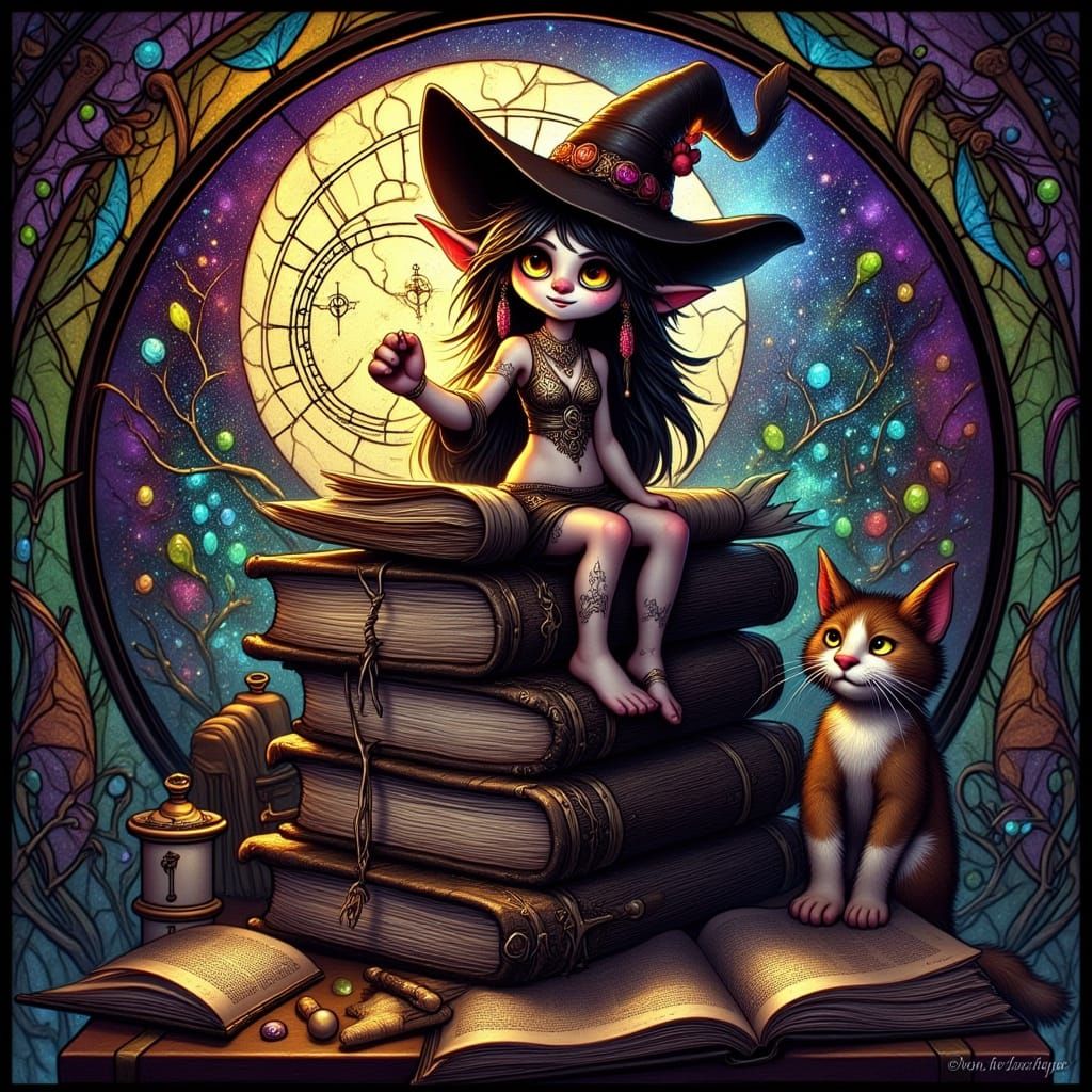 Tiefling and Cat in Stained Glass Art Style