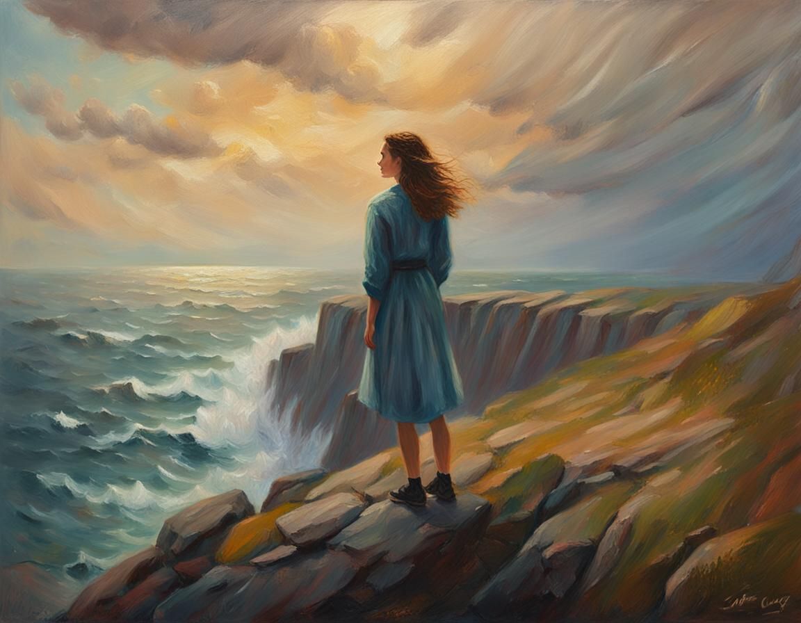 Woman Gazing at Sea as Oil Painting