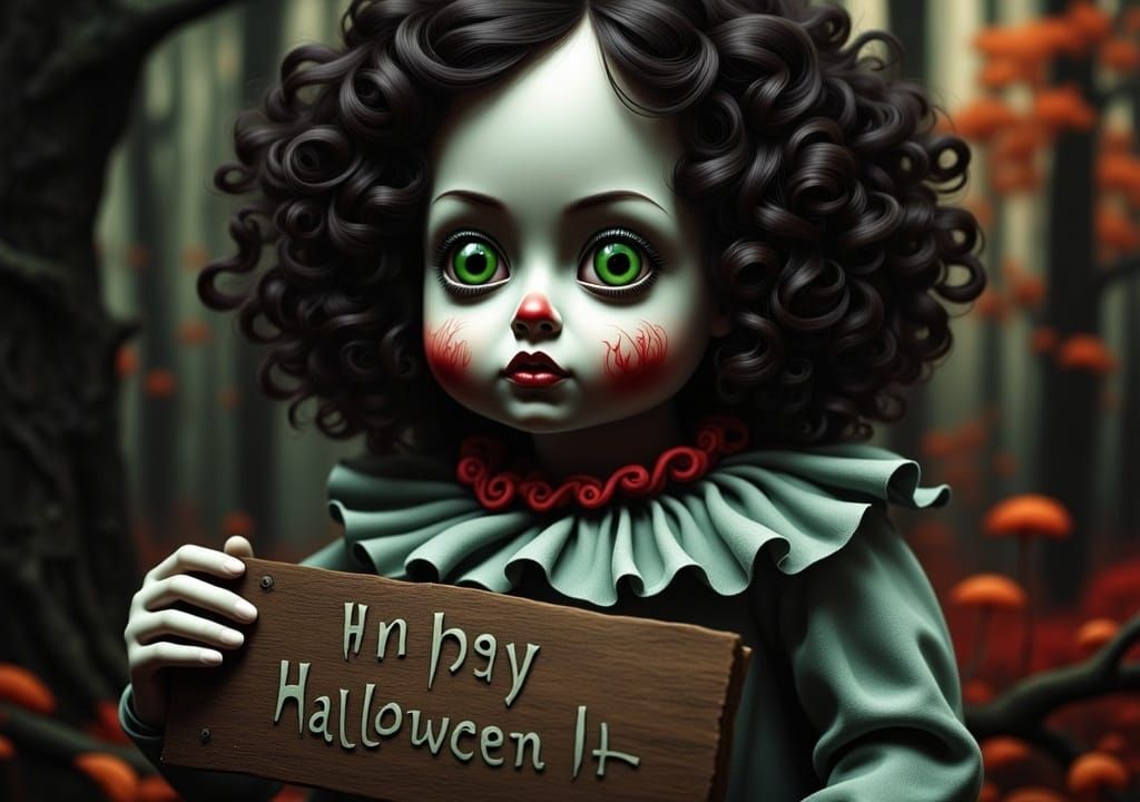Haunted Doll with Glowing Eyes and Halloween Sign
