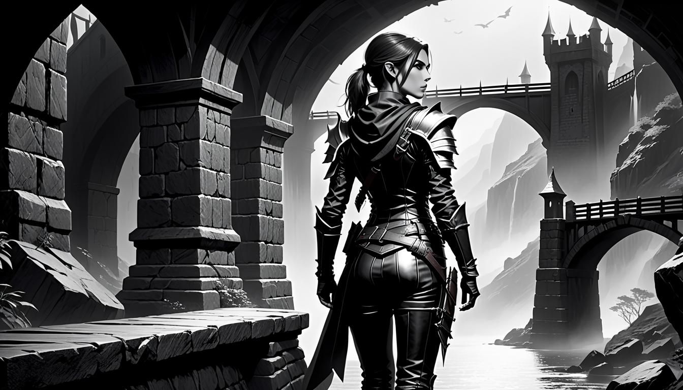 Female Rogue Leaning on Bridge, Pencil Sketch