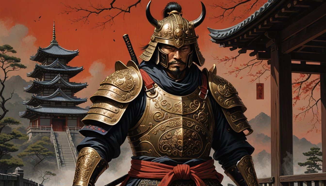 Samurai Warrior-Monk on Bridge in Hyperrealistic Style