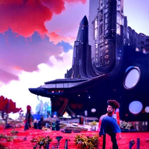 Spaceship and Man in Detailed Matte Painting