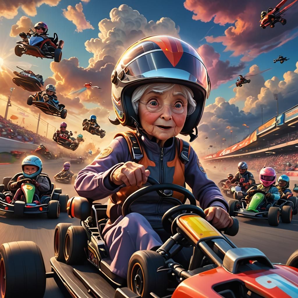 Go-Kart Racing Grandma Concept Art in Pixar Style