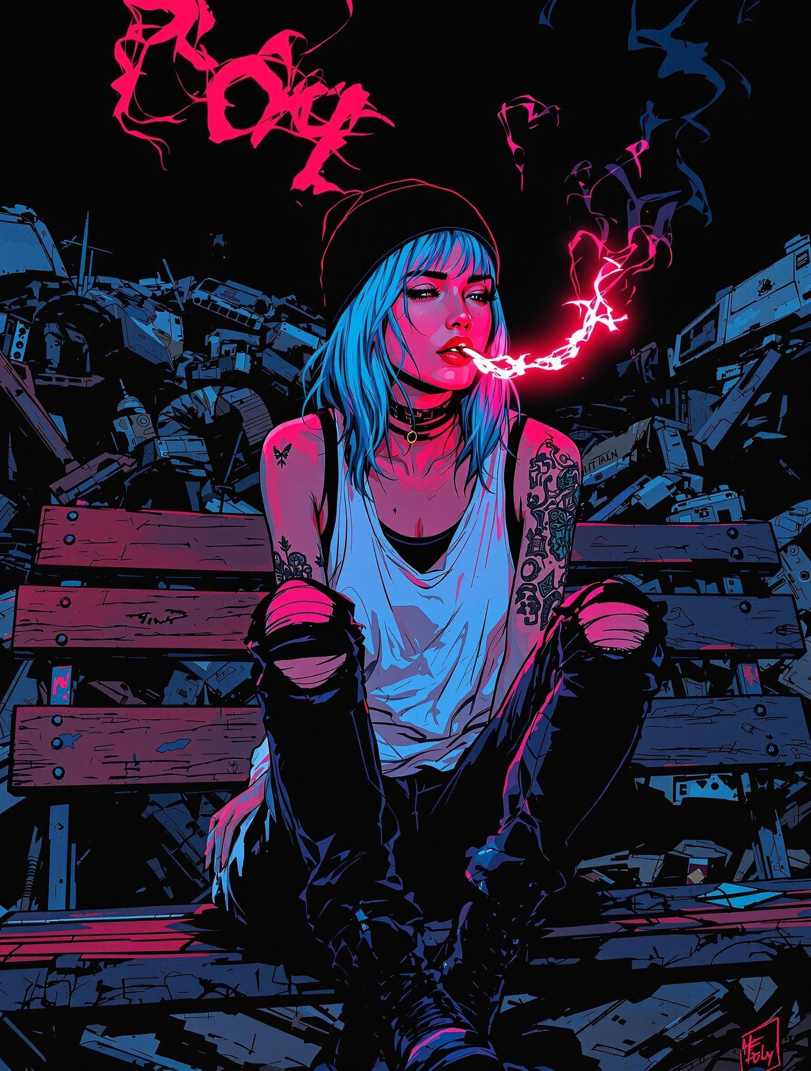 Cyberpunk Woman Smokes in Junkyard, Cel-Shaded Graphic Novel...