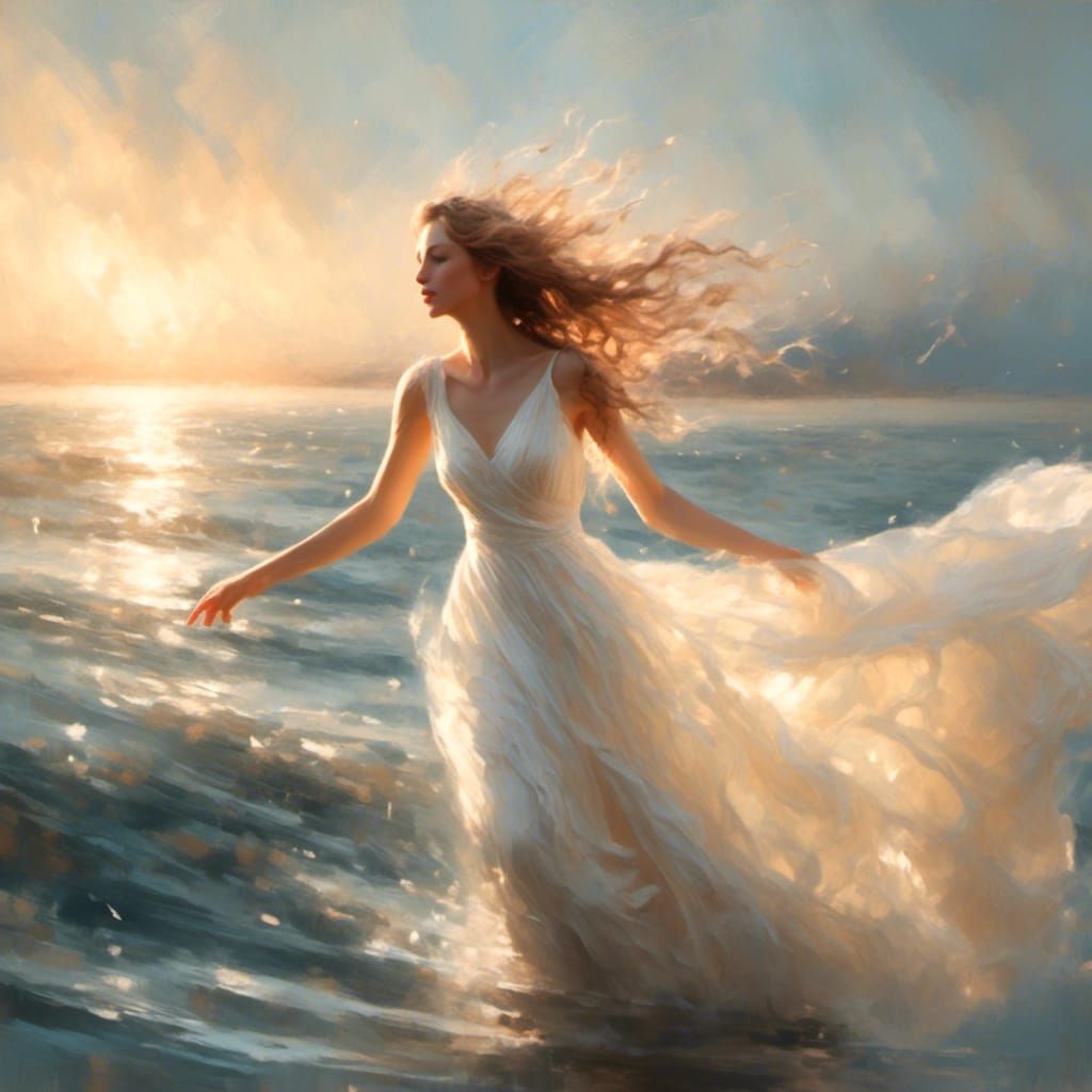 Woman in White Gown Soaring Over Water