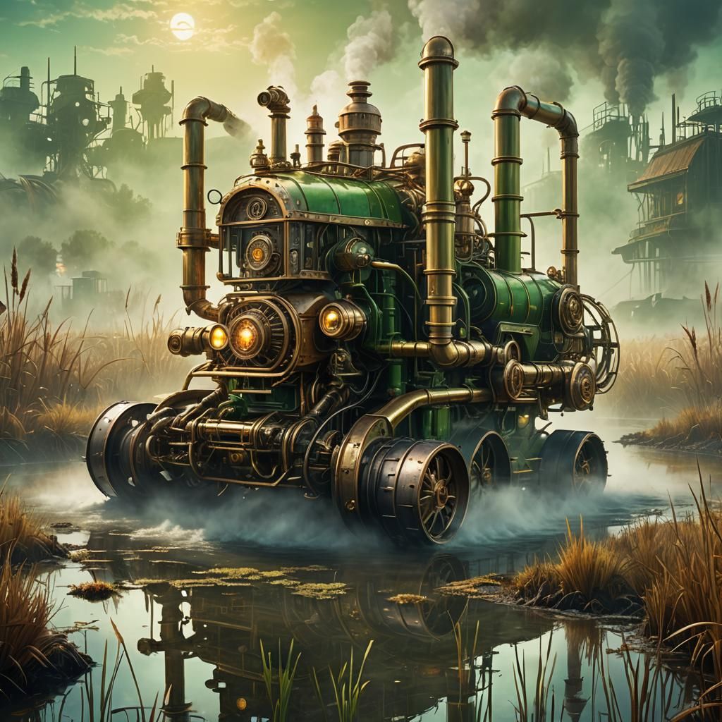 Steampunk Harvester Gleams in Misty Bog Illustration