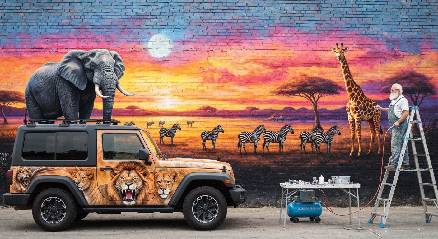Airbrushed Safari Jeep with Lion Mural