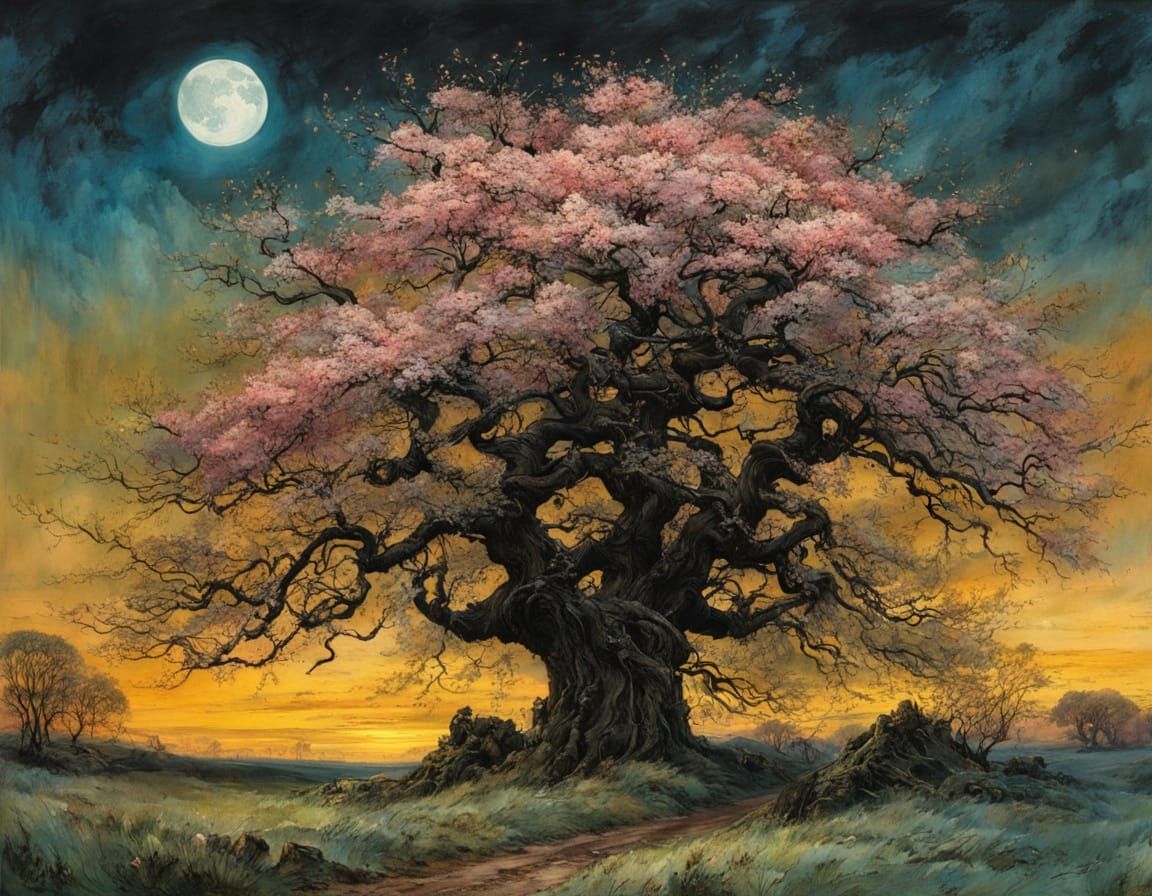 Surreal Cherry Blossom Avenue Unfolds Under Noctilucent Dusk