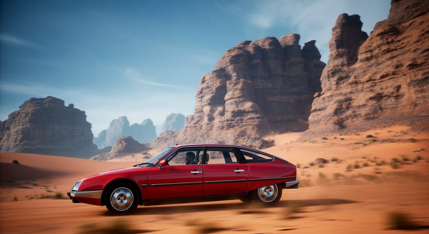 Red Citroen CX Turbo Races Through Desert Landscape