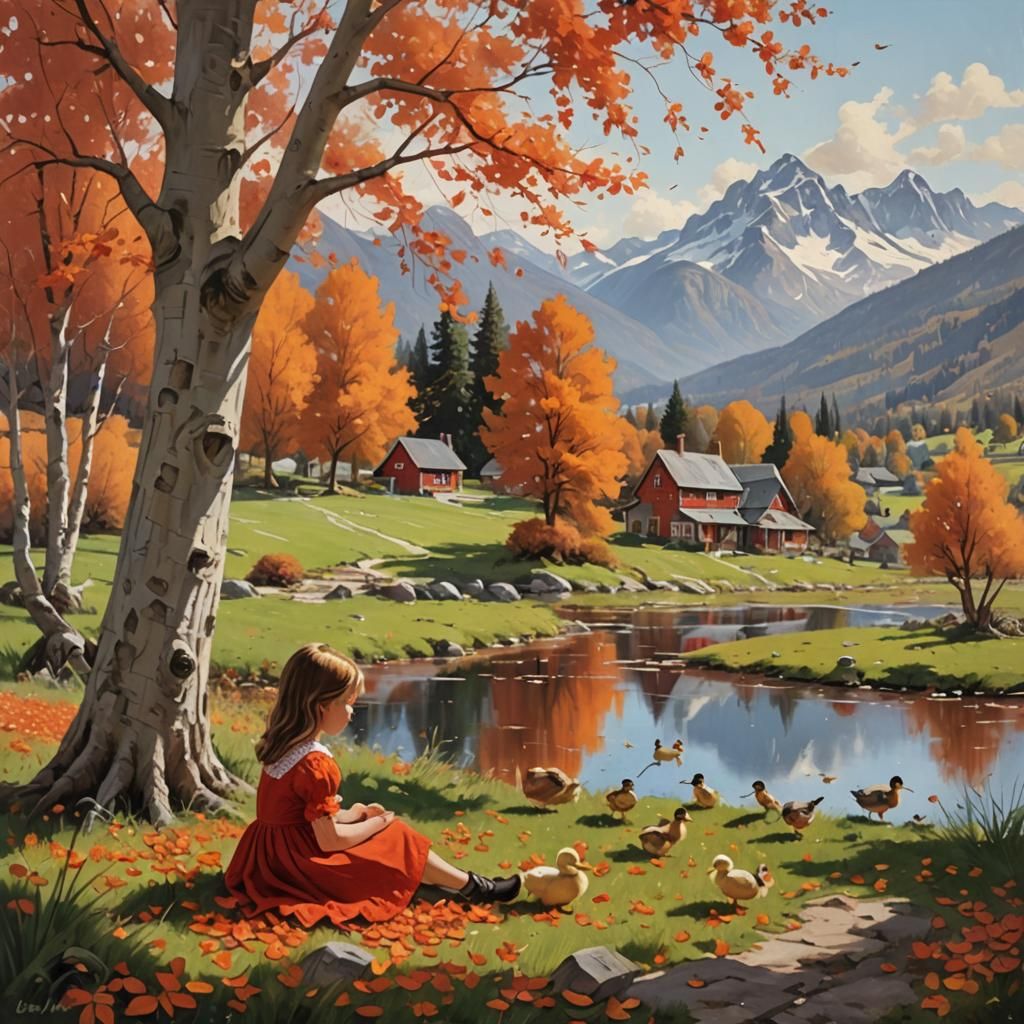 Autumn Valley Oil Painting with Lakeside Cottages