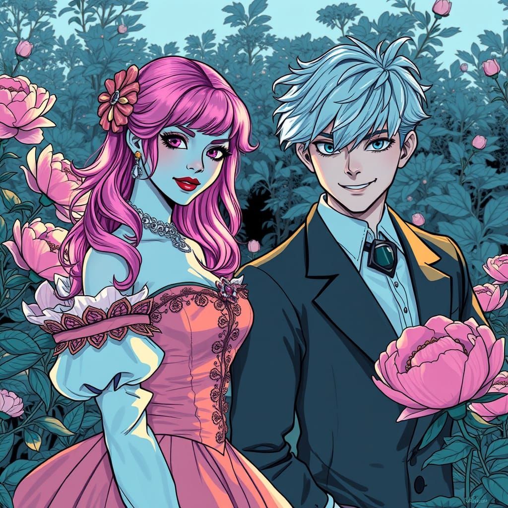 Gothic Garden Setting in Black and White Art Style