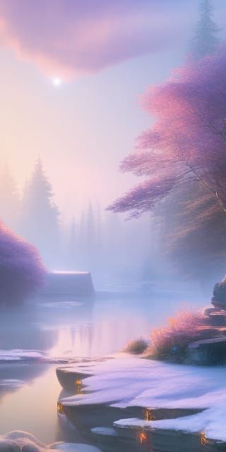 Snowy Landscape in Anime Style at Sunset