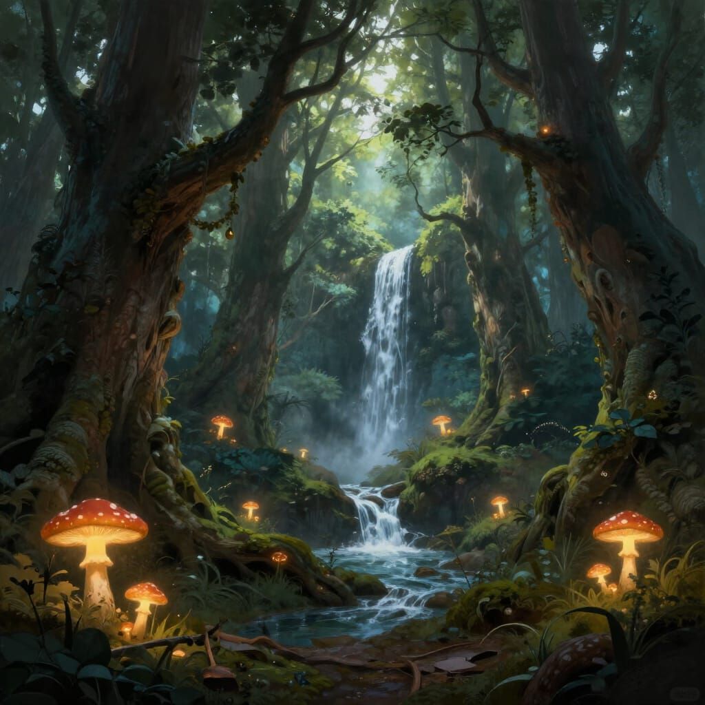Mystical Forest Waterfall Ethereal Light Fantasy Concept Art