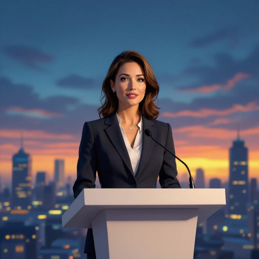 Woman Speaks on World Economy at Podium