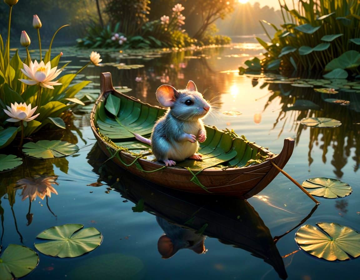 Cute Mouse Rows Boat with Lotus Flower