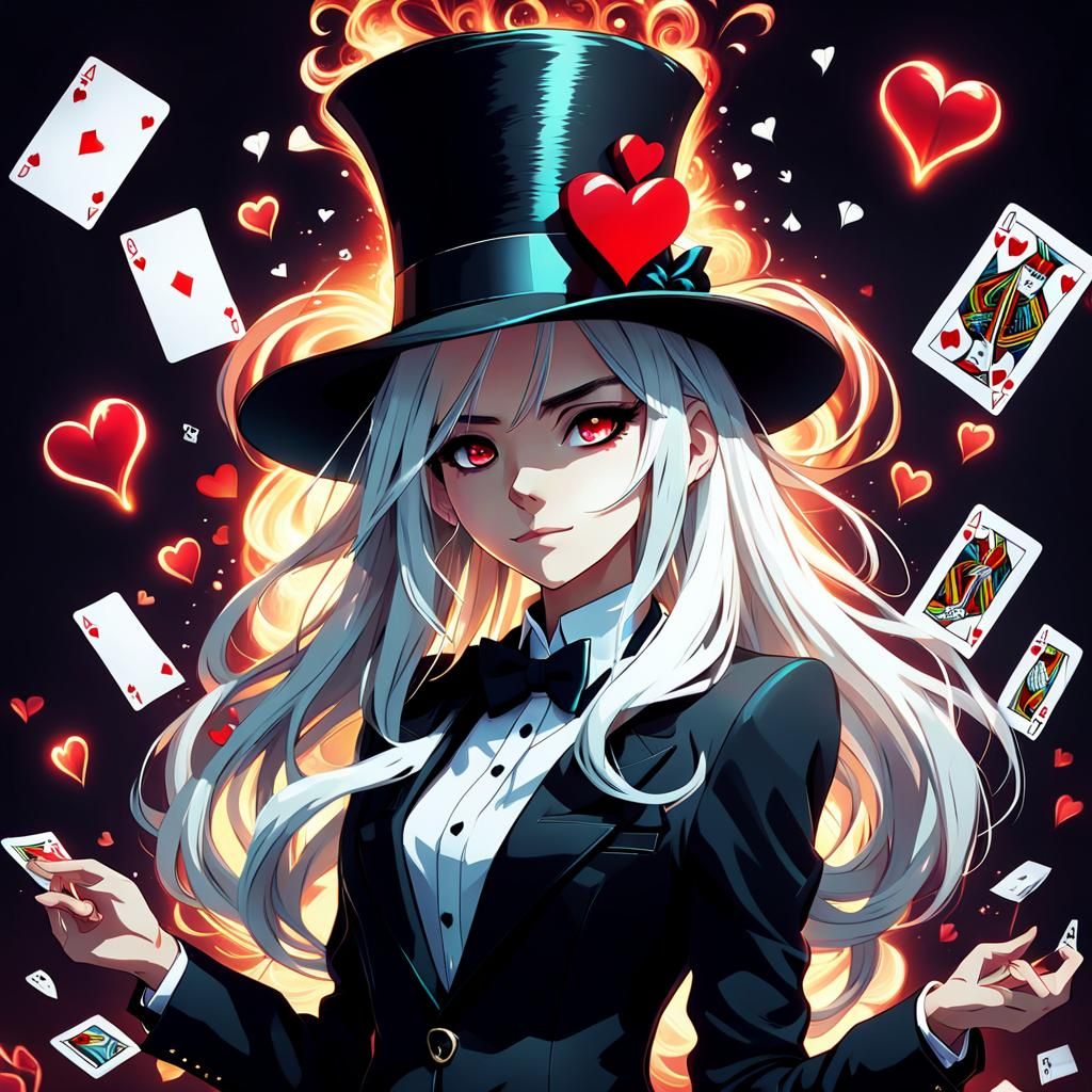 Anime Girl in Playing Card Suit and Top Hat