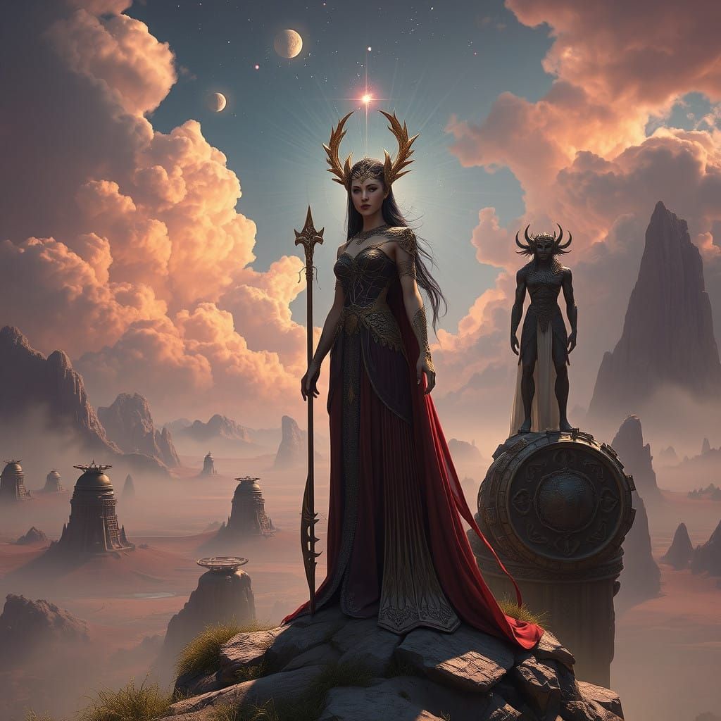 Ethereal Sumerian Goddesses in Dreamlike Fantasy Landscape