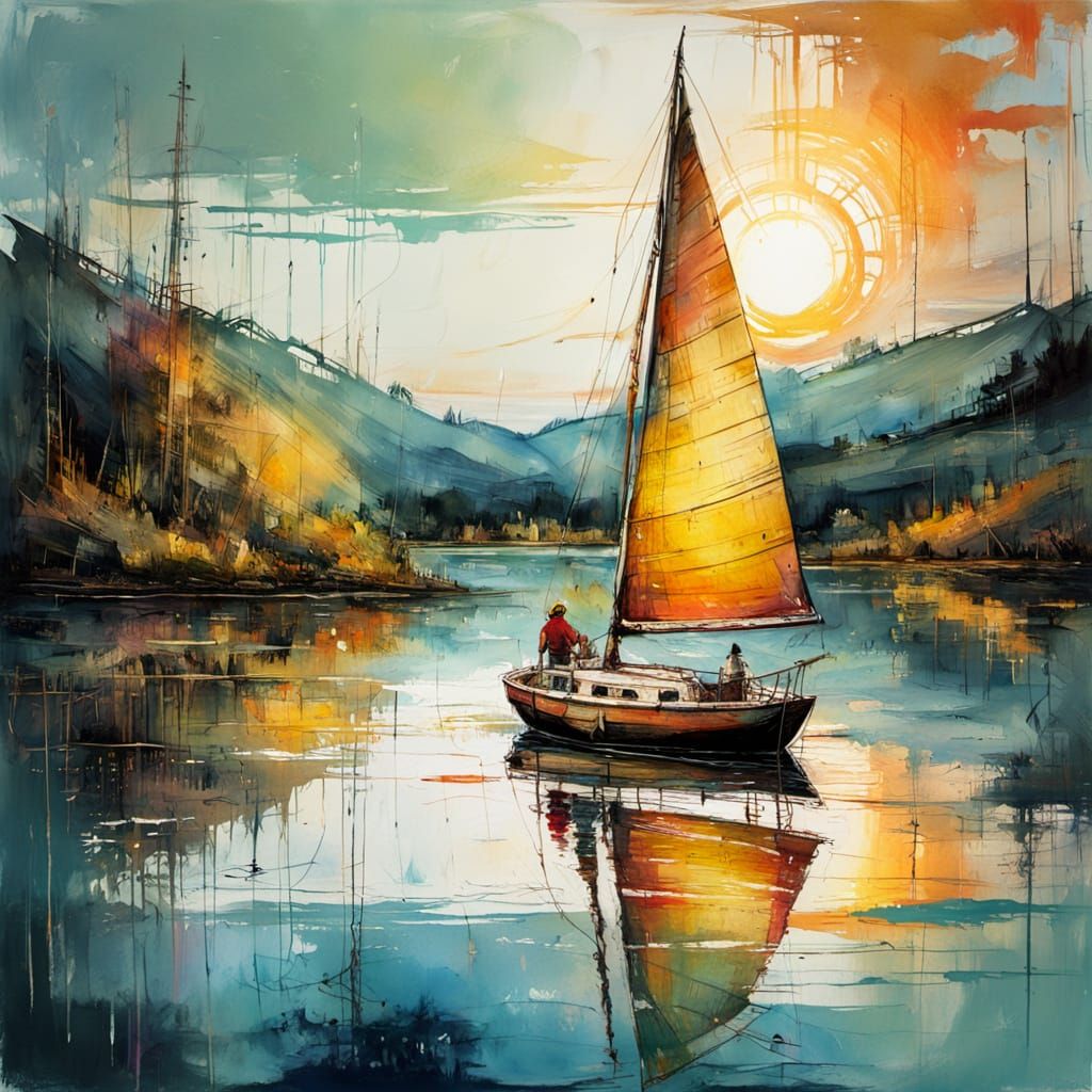 Sailboat in Warm Sunset Light, Impressionistic Sketch