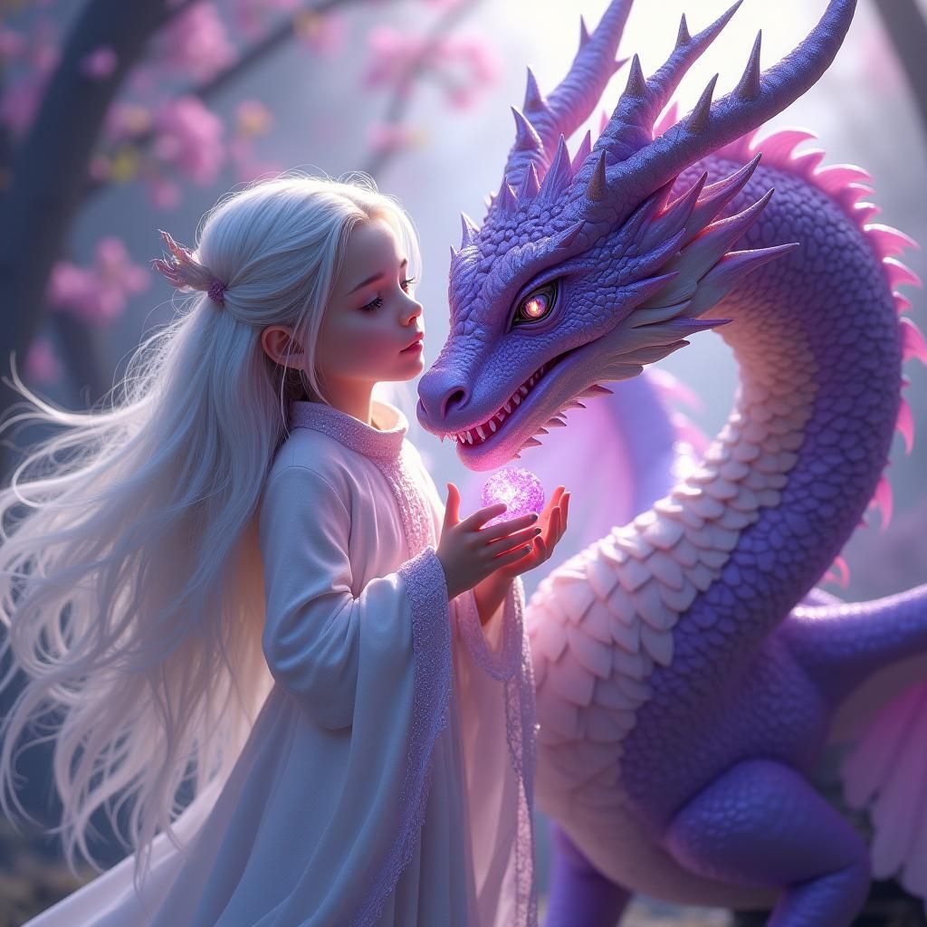 Girl with Iridescent Dragon and Purple Gem