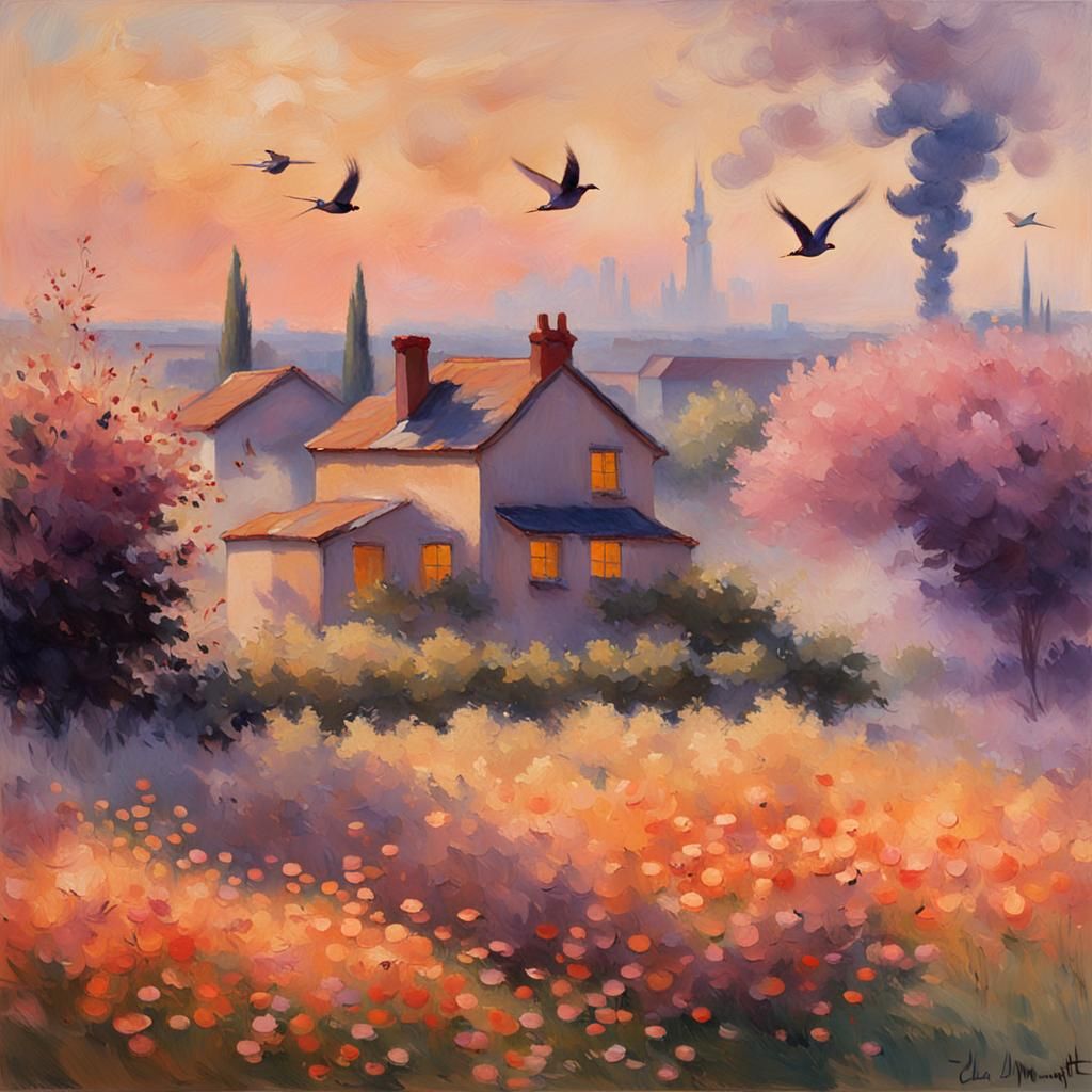 Idyllic Impressionist Landscape with Swallows in Flight
