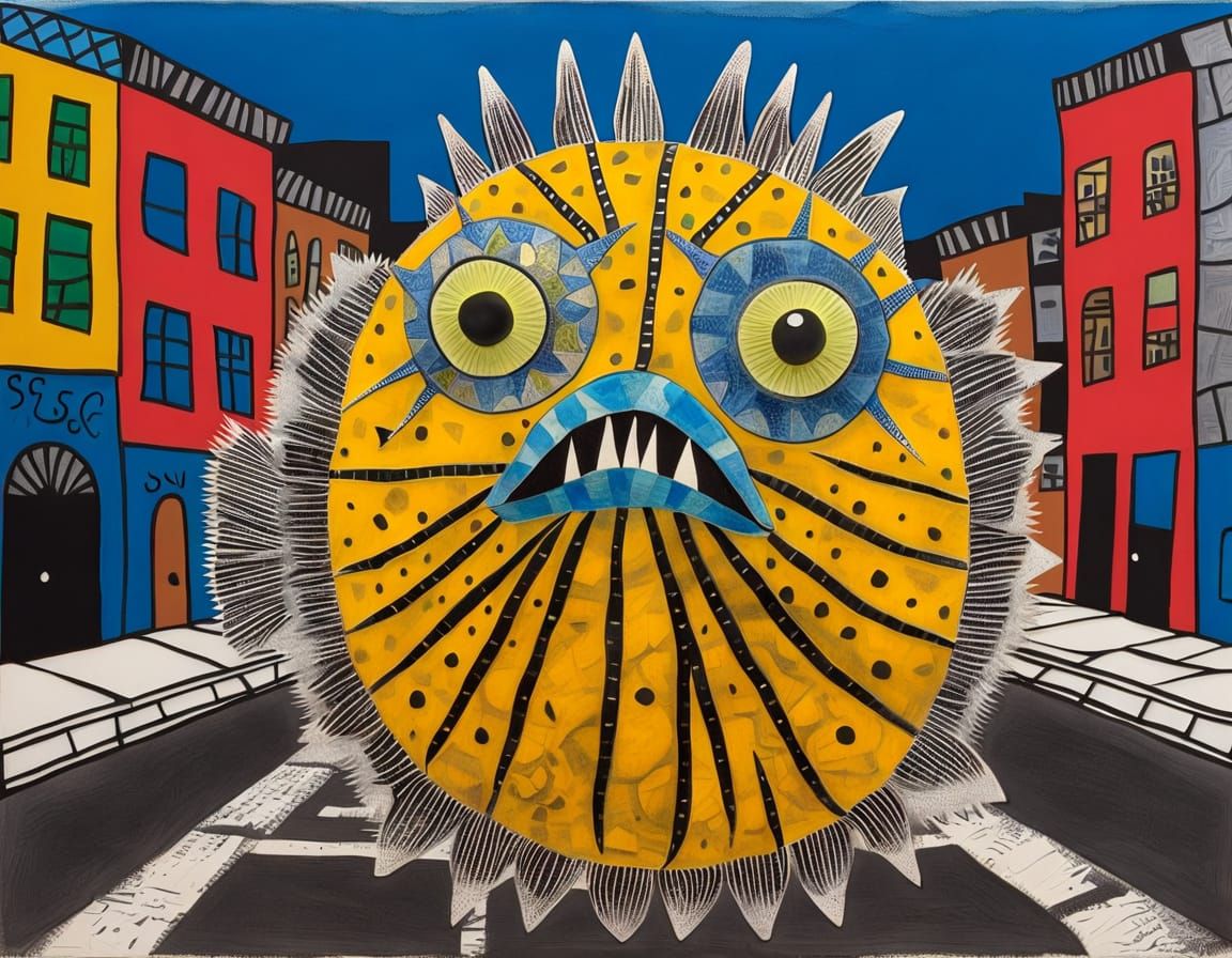 Puffer Fish Hoodlum in Mixed Media Style