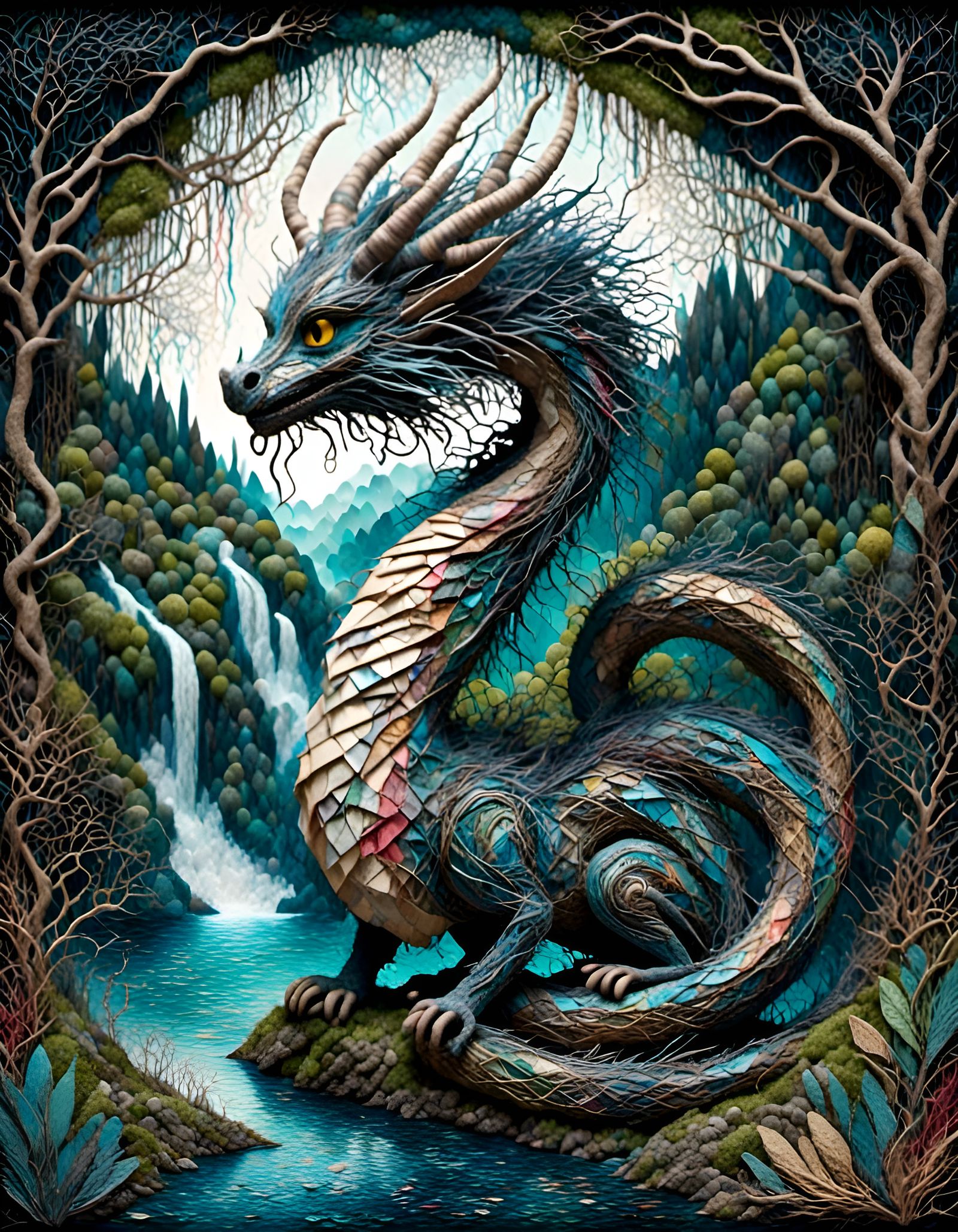 Whimsical Dragon in Tropical Lagoon Illustration