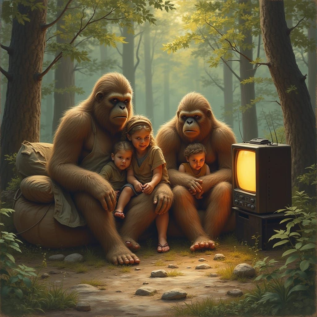 Sasquatch Family Enjoys TV in Forest Clearing
