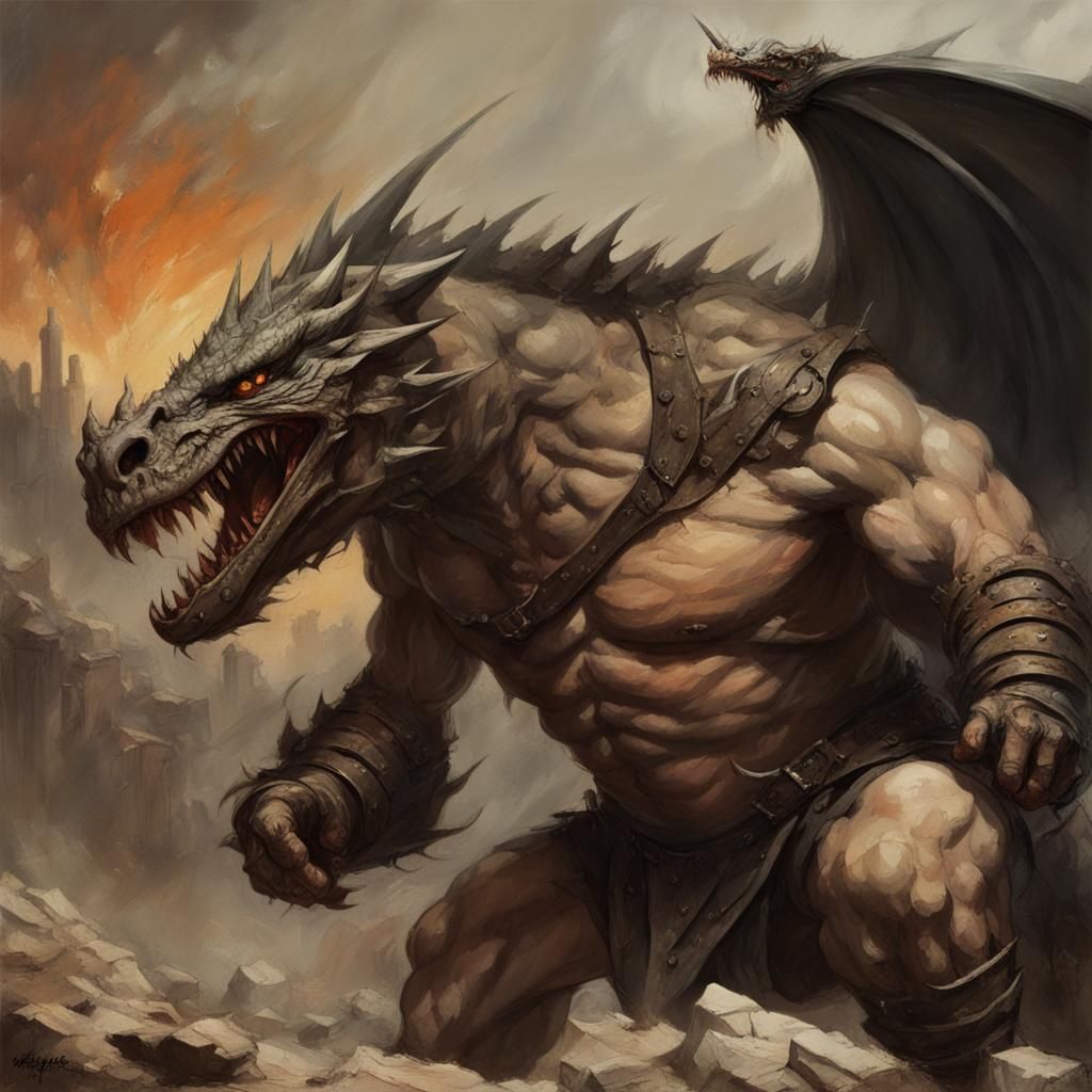 Medieval Knight Confronts Dragon in Apocalyptic Landscape