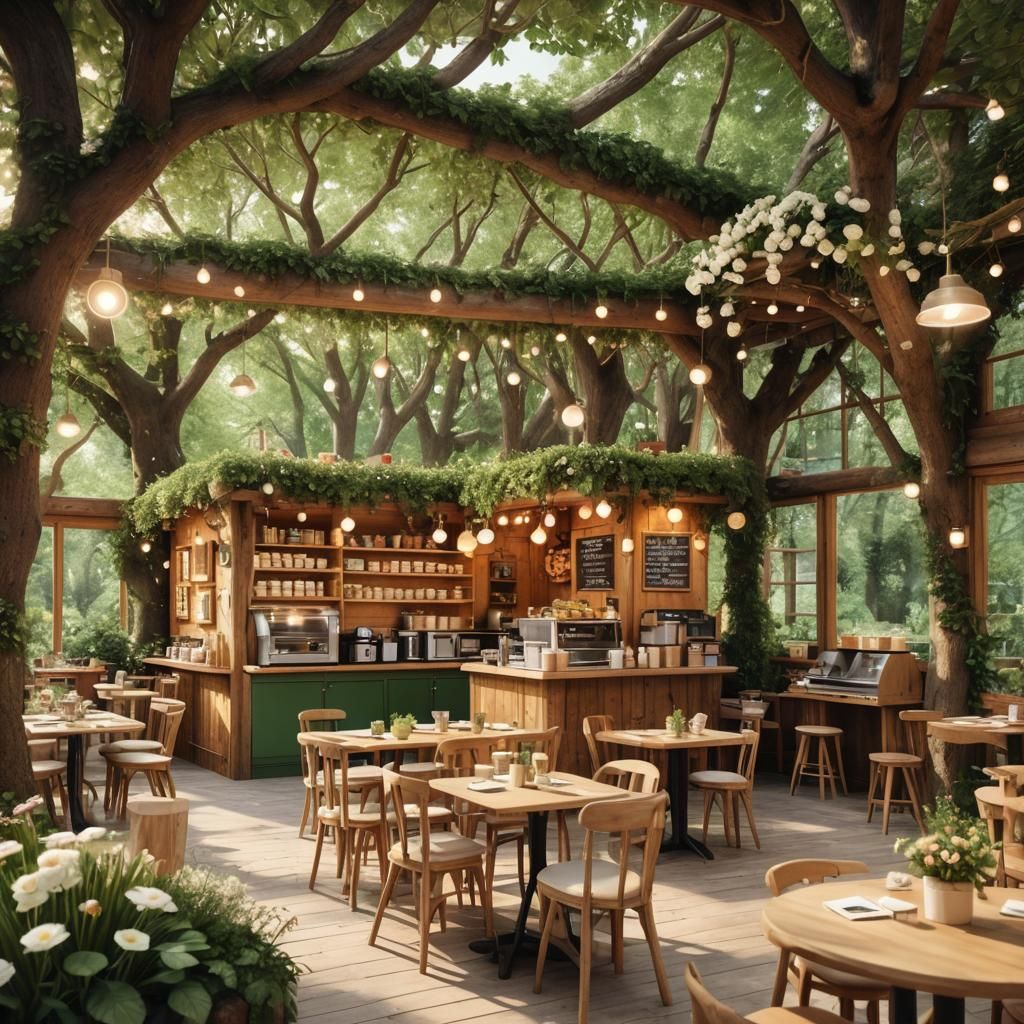 Cozy Woodland Cafe Interior in Kinkade Style