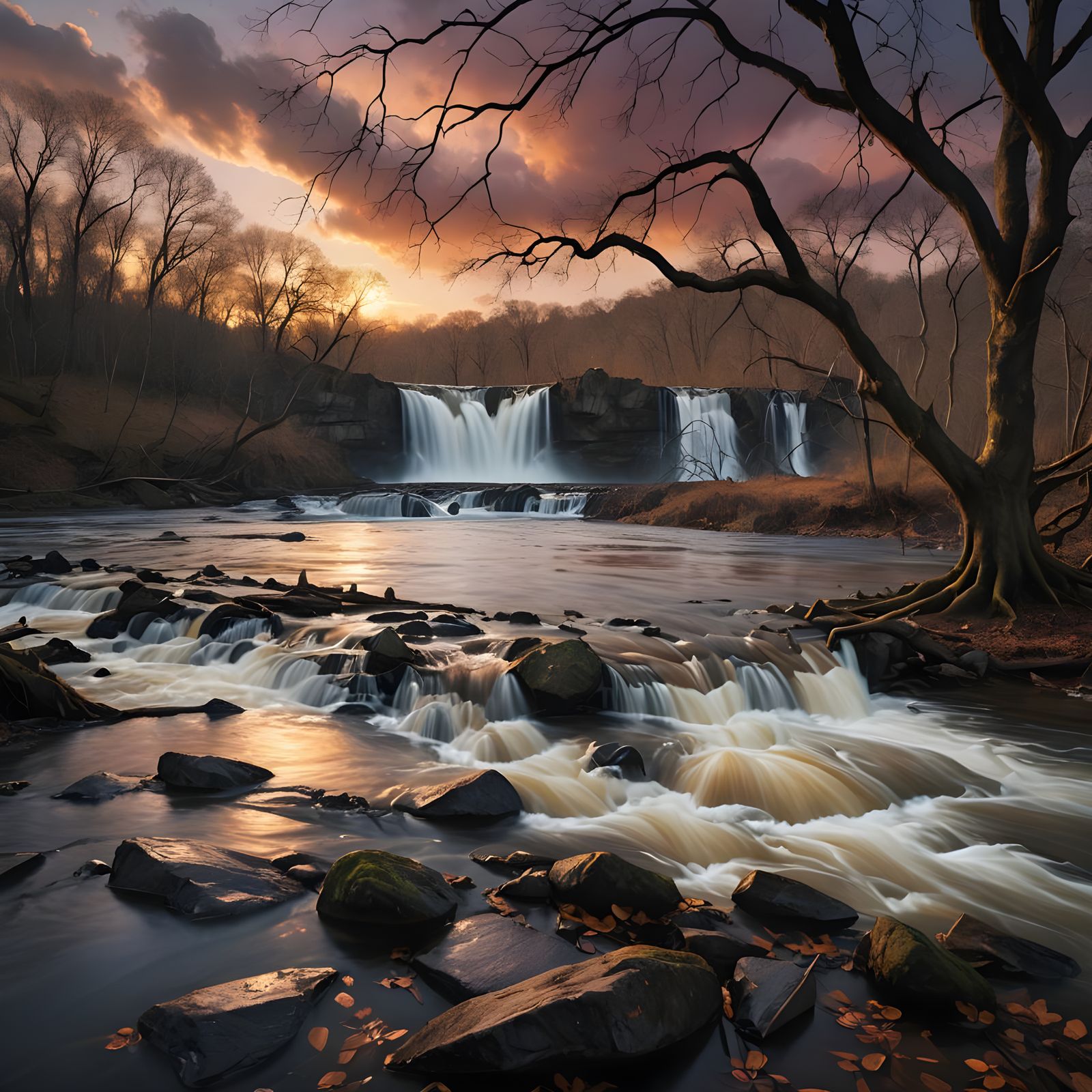 Vibrant Sunset Waterfall with Leaning Tree
