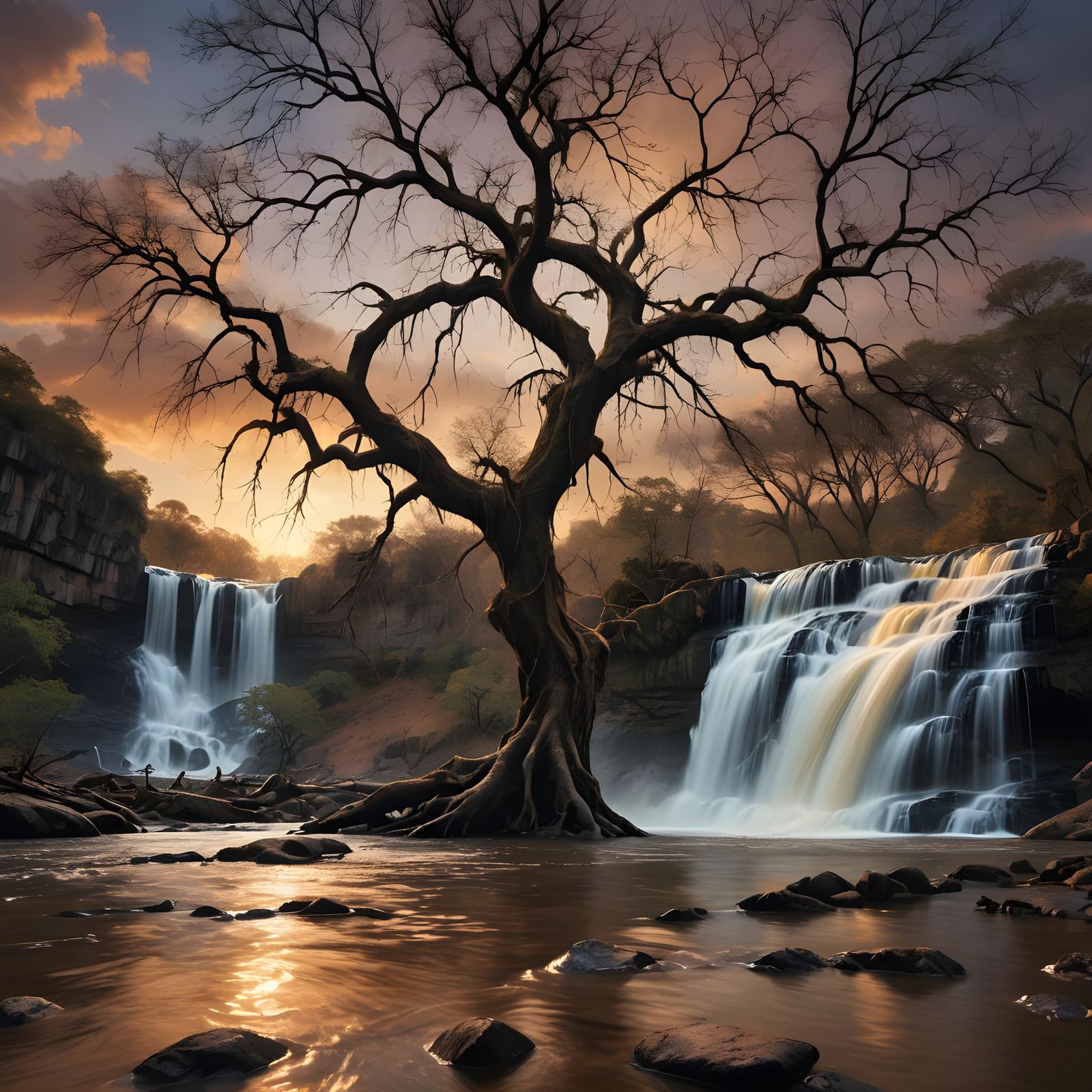 Vibrant Sunset Over Orinoco Waterfall in Hyperrealism