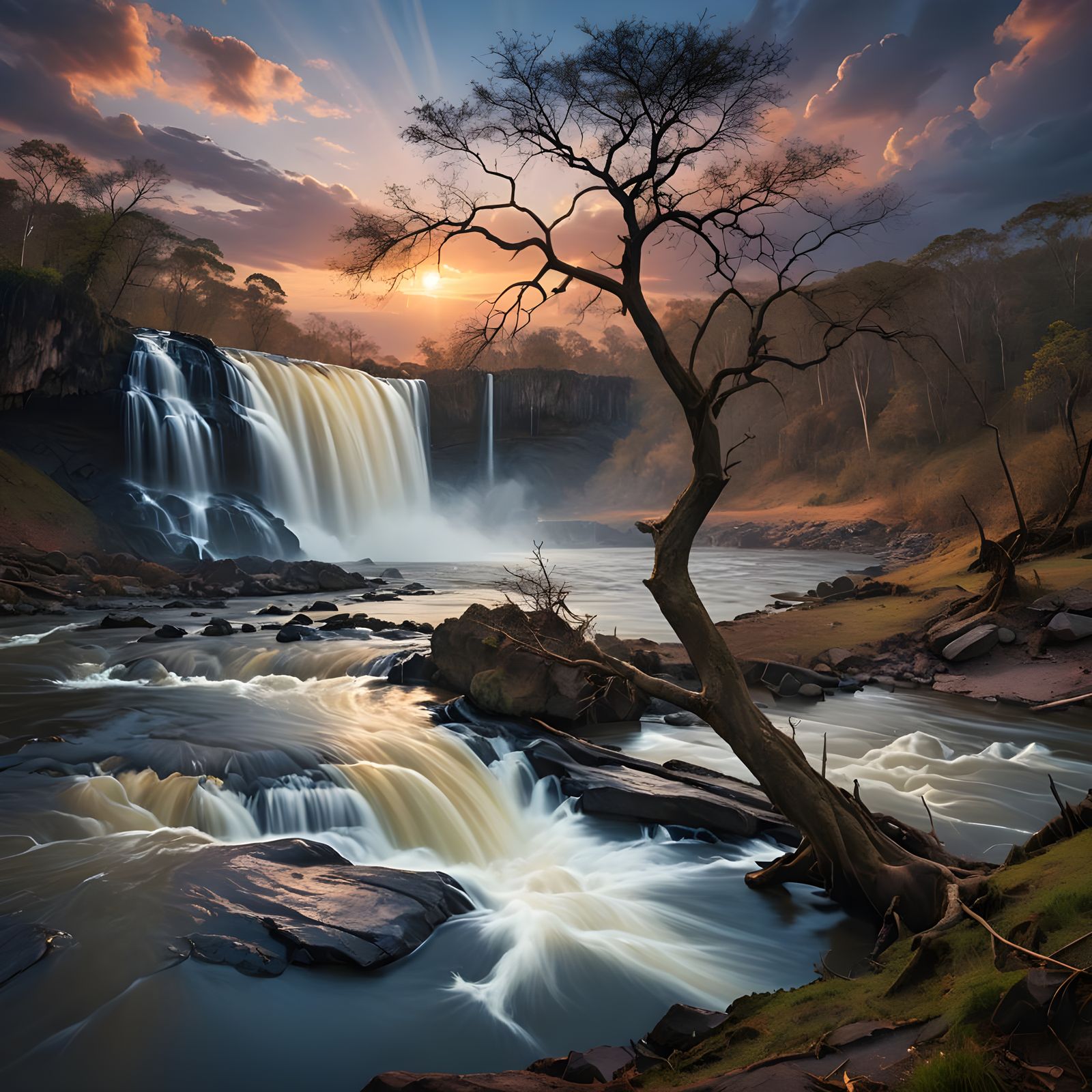 Waterfall Sunset with Long Exposure Effect
