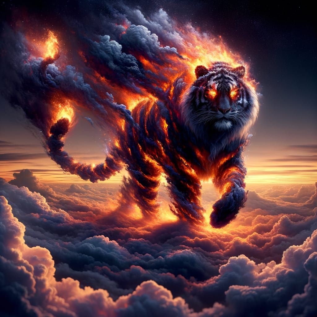 Mystical Flaming Tiger Walking on Clouds