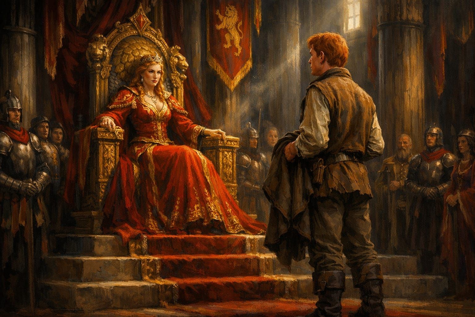 Queen Morgase Meets Rand Before the Lion Throne