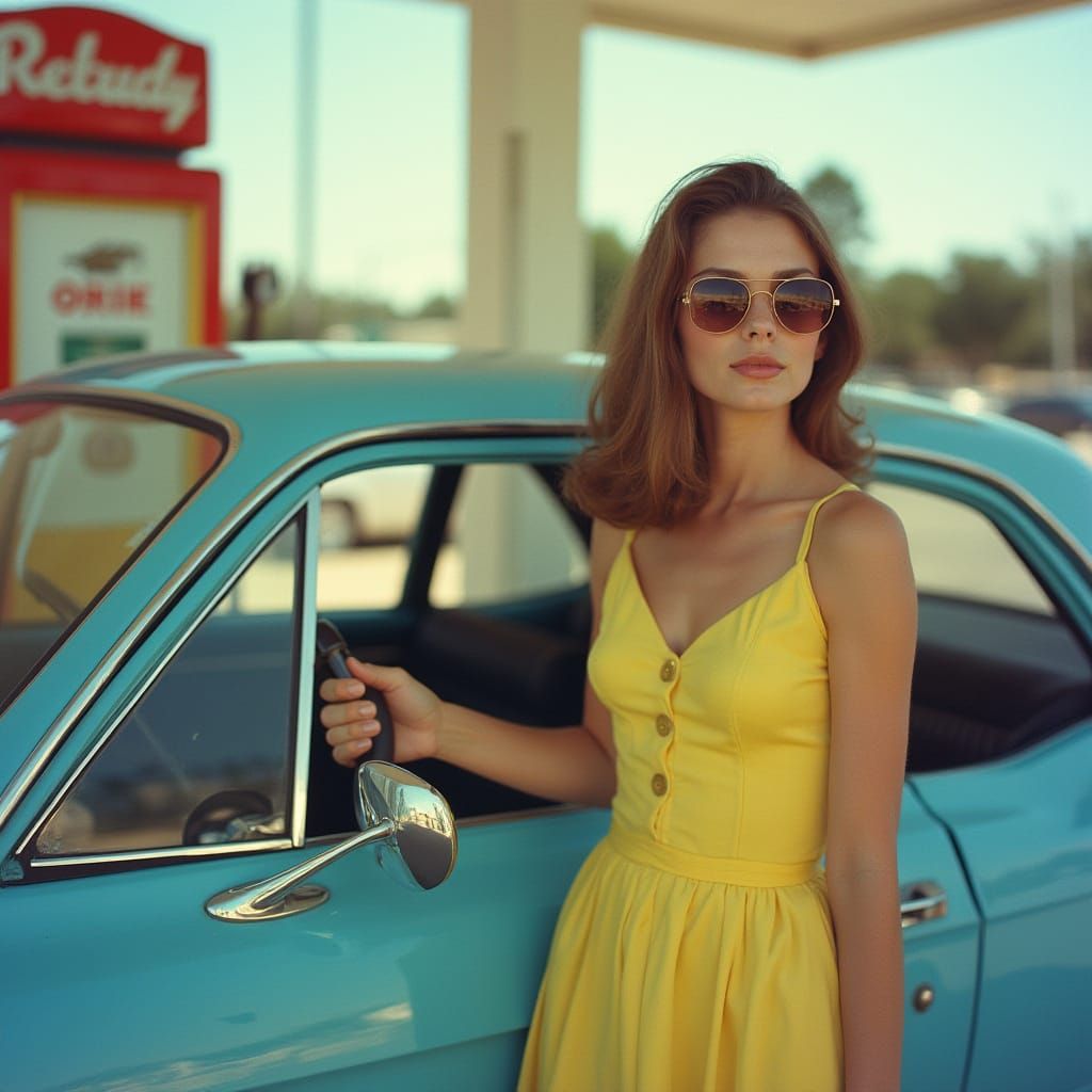 Sultry Woman at Vintage Gas Station in Retro Style
