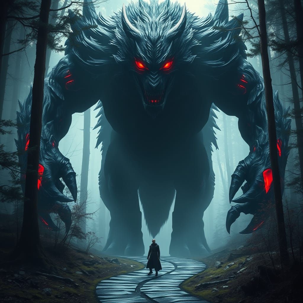 Dark Wolf Creature Emerges from Mystical Forest