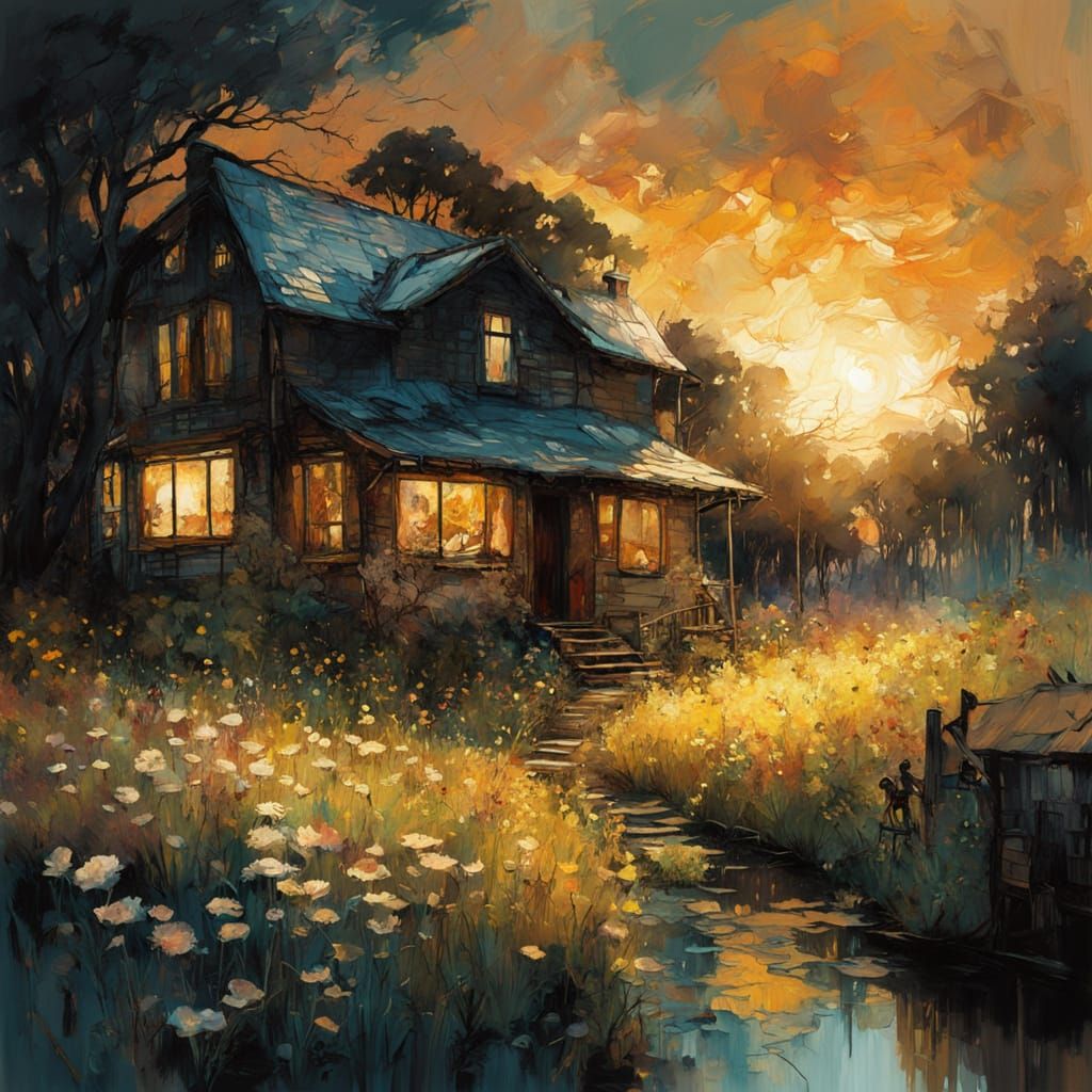 Golden Hour Serenity: A Whimsical Cottage Amidst Swirling Cl...