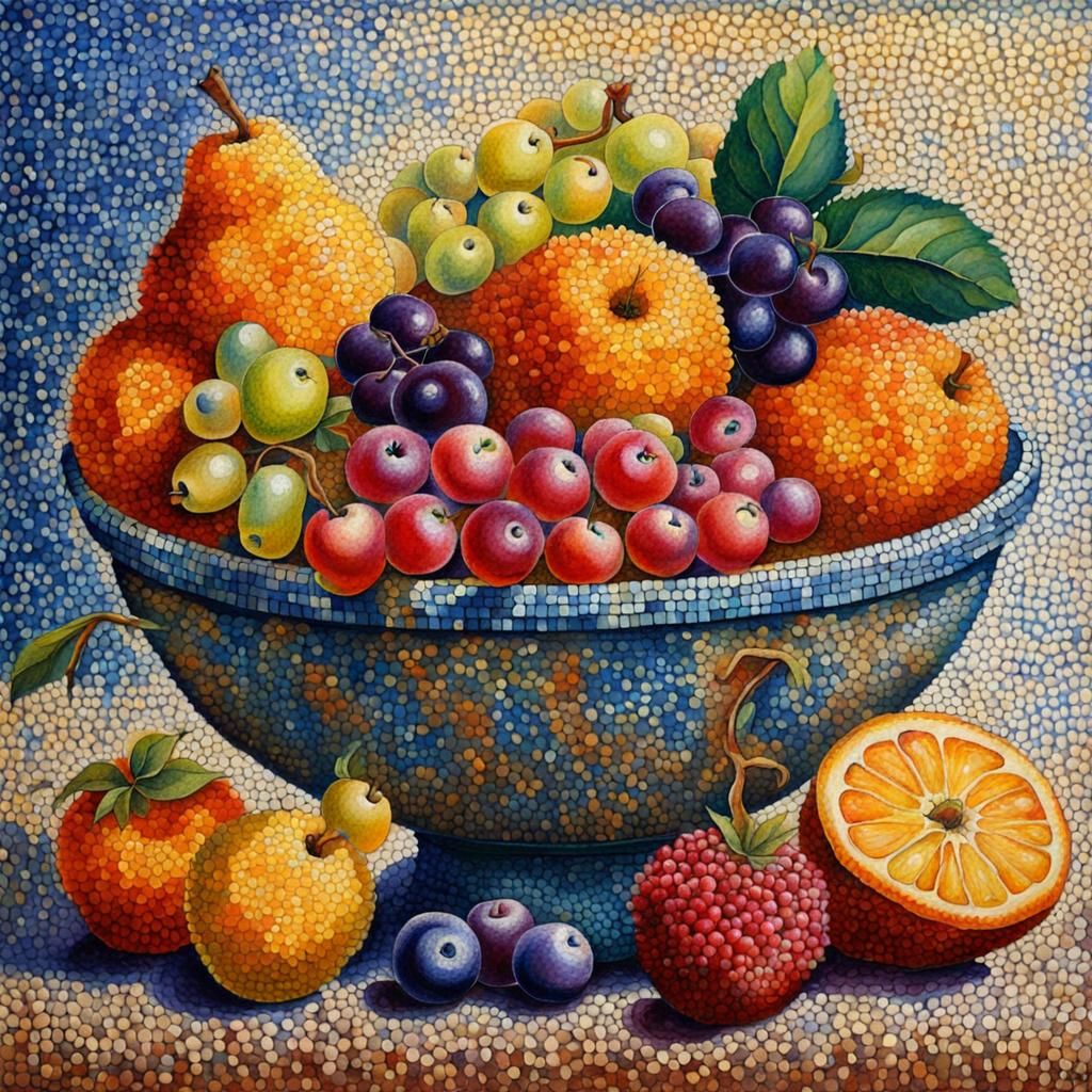 Colorful Pointillist Still Life of Fruit Bowl