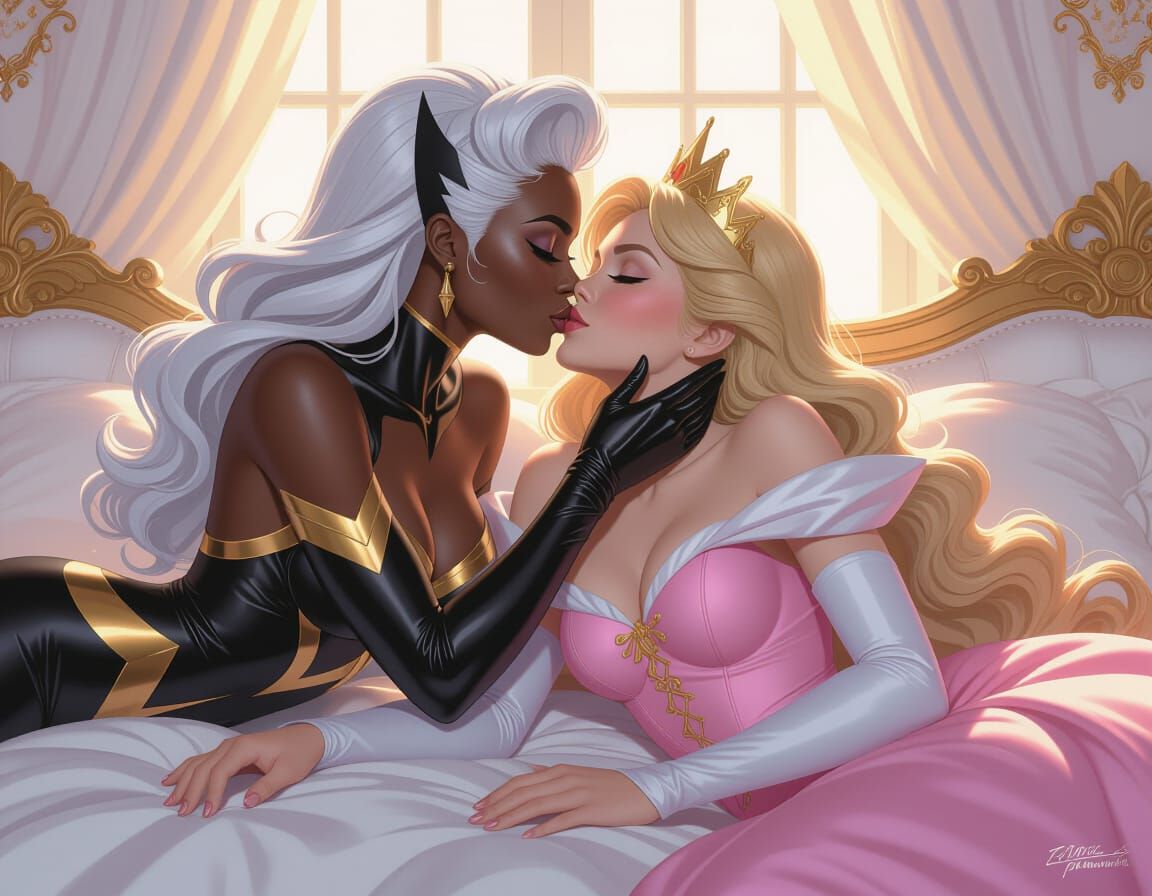 Storm and Sleeping Beauty Kiss in Comic Book Style