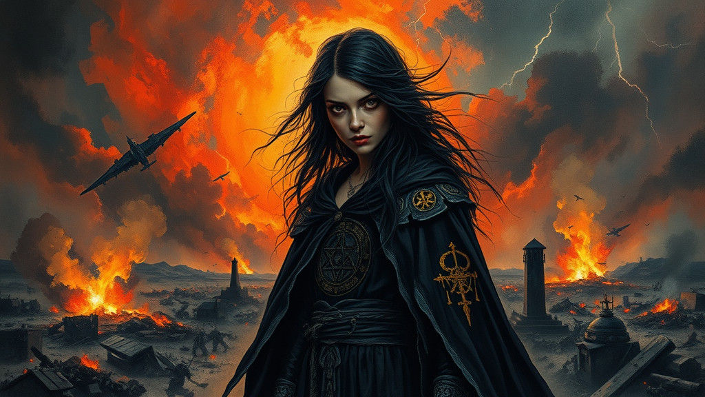 Mystical Woman in War Landscape: Hyperdetailed Watercolor