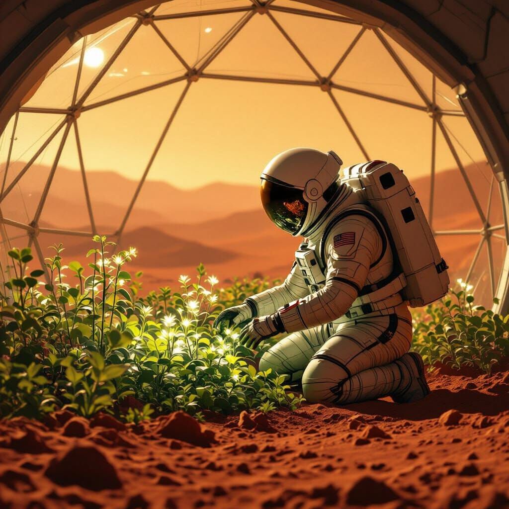 Astronaut and Bioluminescent Garden on Mars