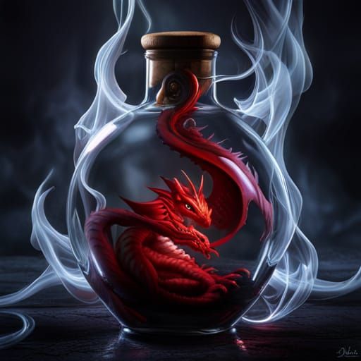 Mystical Red Dragon Wrapped Around Glowing Potion