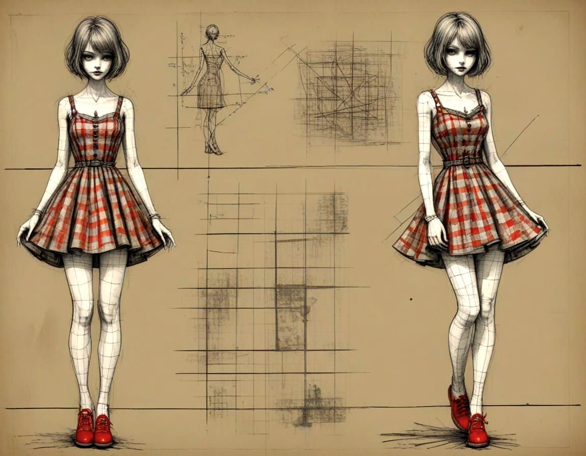 Comic Style Drawing of Woman in Checkered Dress