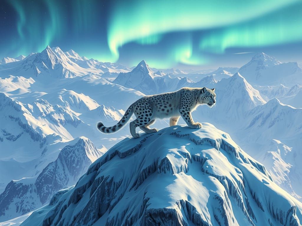Majestic Snow Leopard Amidst Aurora-Crowned Peaks